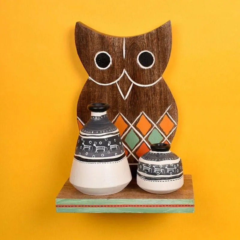 Owlery Wooden Wall Shelf With Pot - Set Of Three media 1