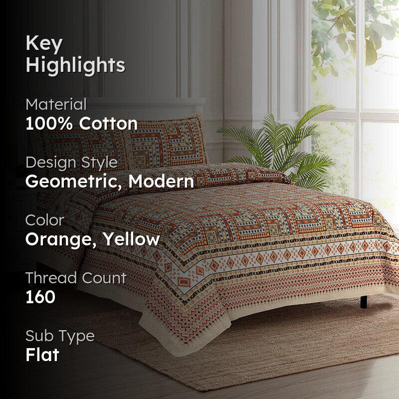 Sangita Weave Geometric Cotton Bedsheet (Orange & Yellow) - 160 TC media 2