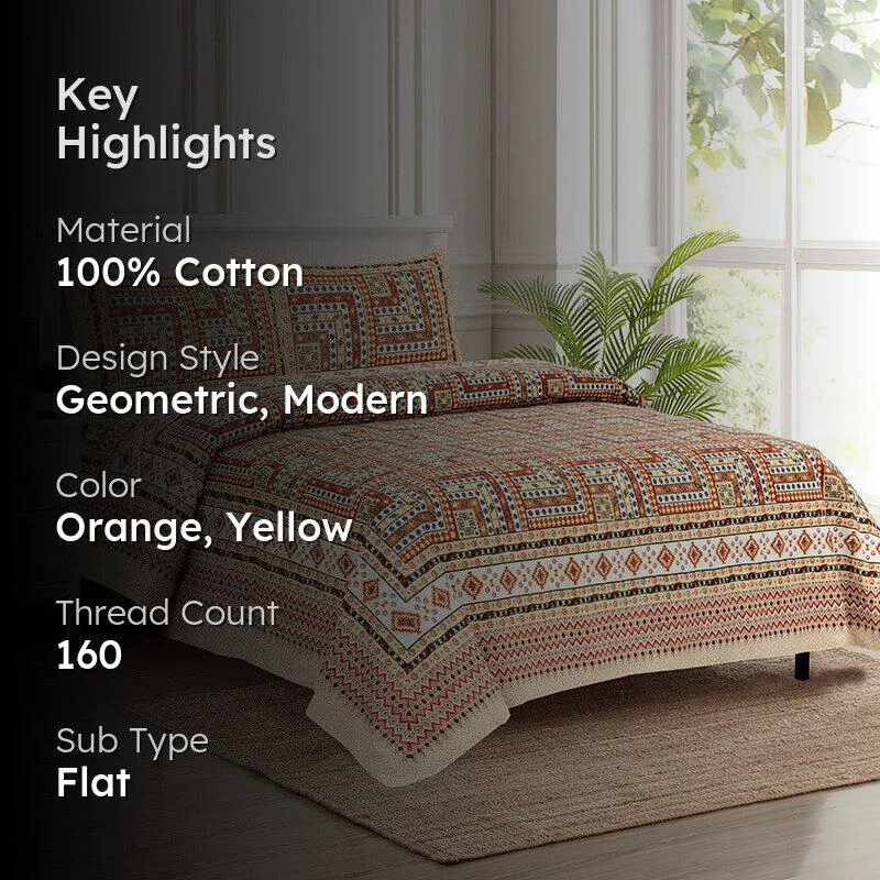 Sangita Weave Geometric Cotton Bedsheet (Orange & Yellow) - 160 TC media 2
