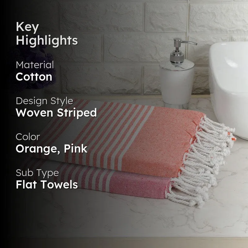 Loomera Striped Cotton Bath Towels (Orange & Pink) - Set Of Two media 2
