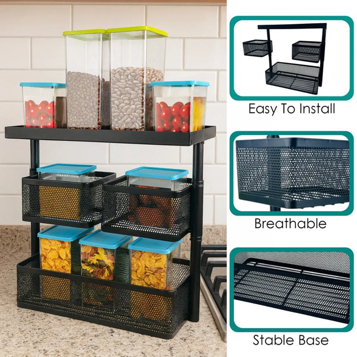 Black metal organiser rack displayed with food containers on a kitchen counter