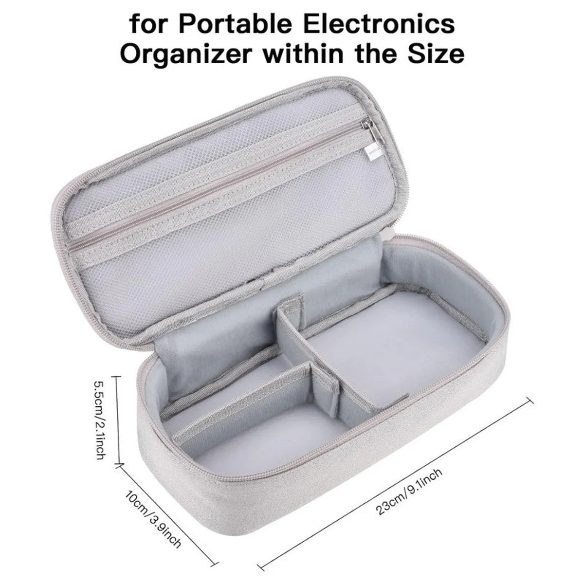 Open grey organiser bag with divided compartments for portable electronics.