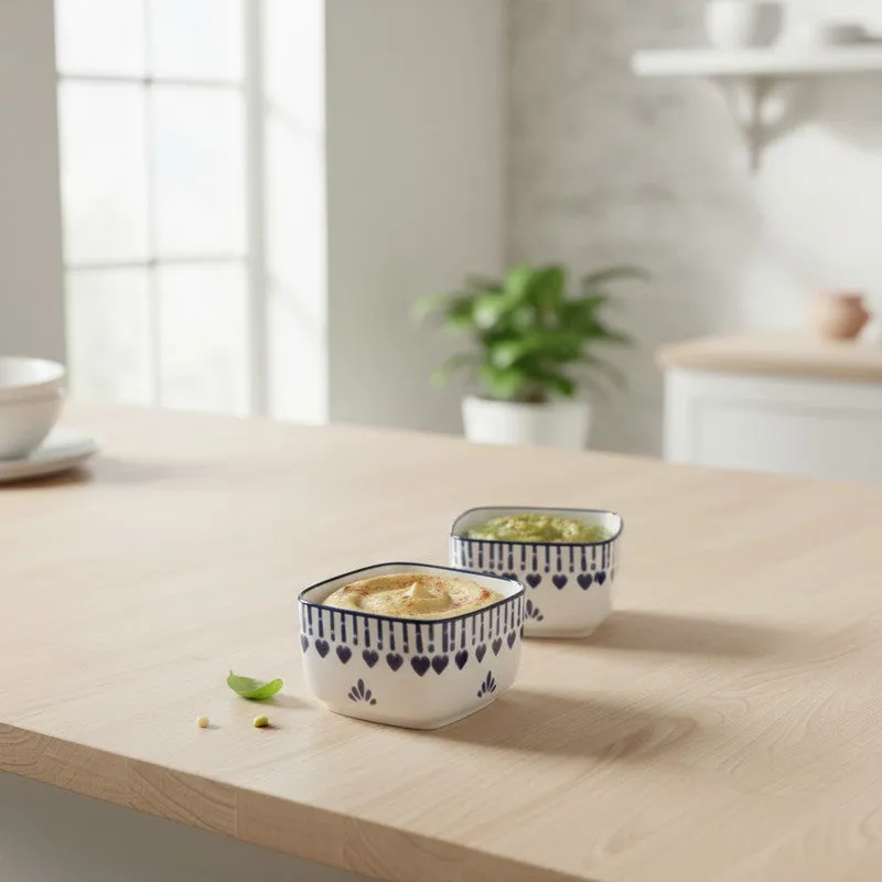MonoServe Ceramic Dip Bowls (Blue,White ,40 mL Each) - Set Of Two media 1