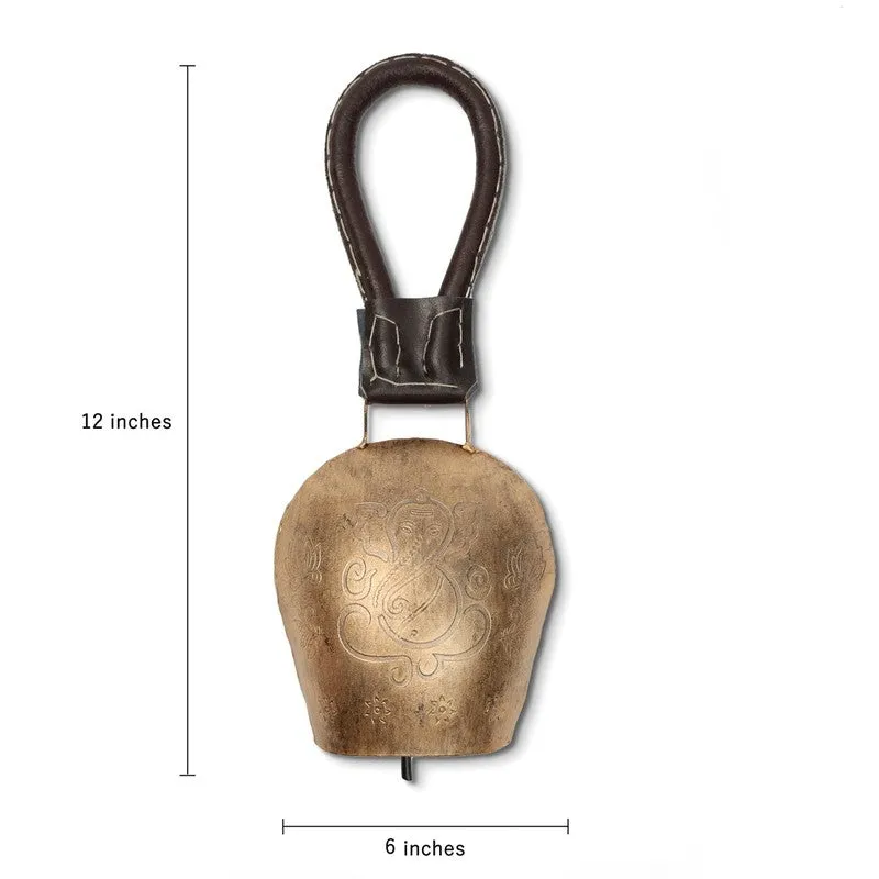Gold hanging bell shown with a vertical and horizontal measurement layout