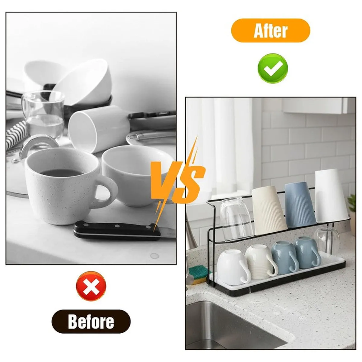 Comparison image showing cluttered cups before and organised cups after using the rack