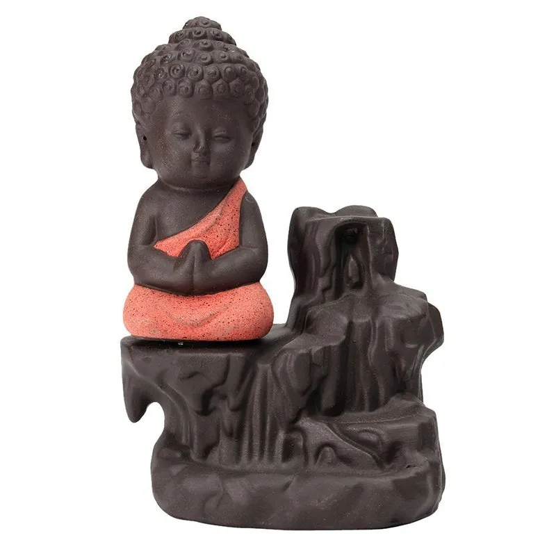 Baby Buddha Monk Polyresin Smoke Fountain - Orange & Brown media 3