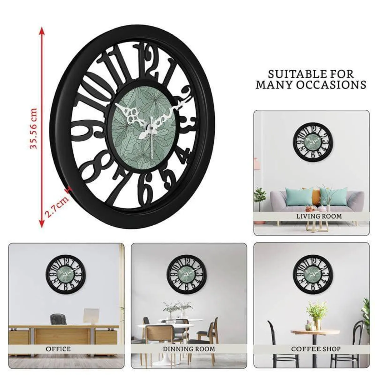 Angled view of black round wall clock in a room setting