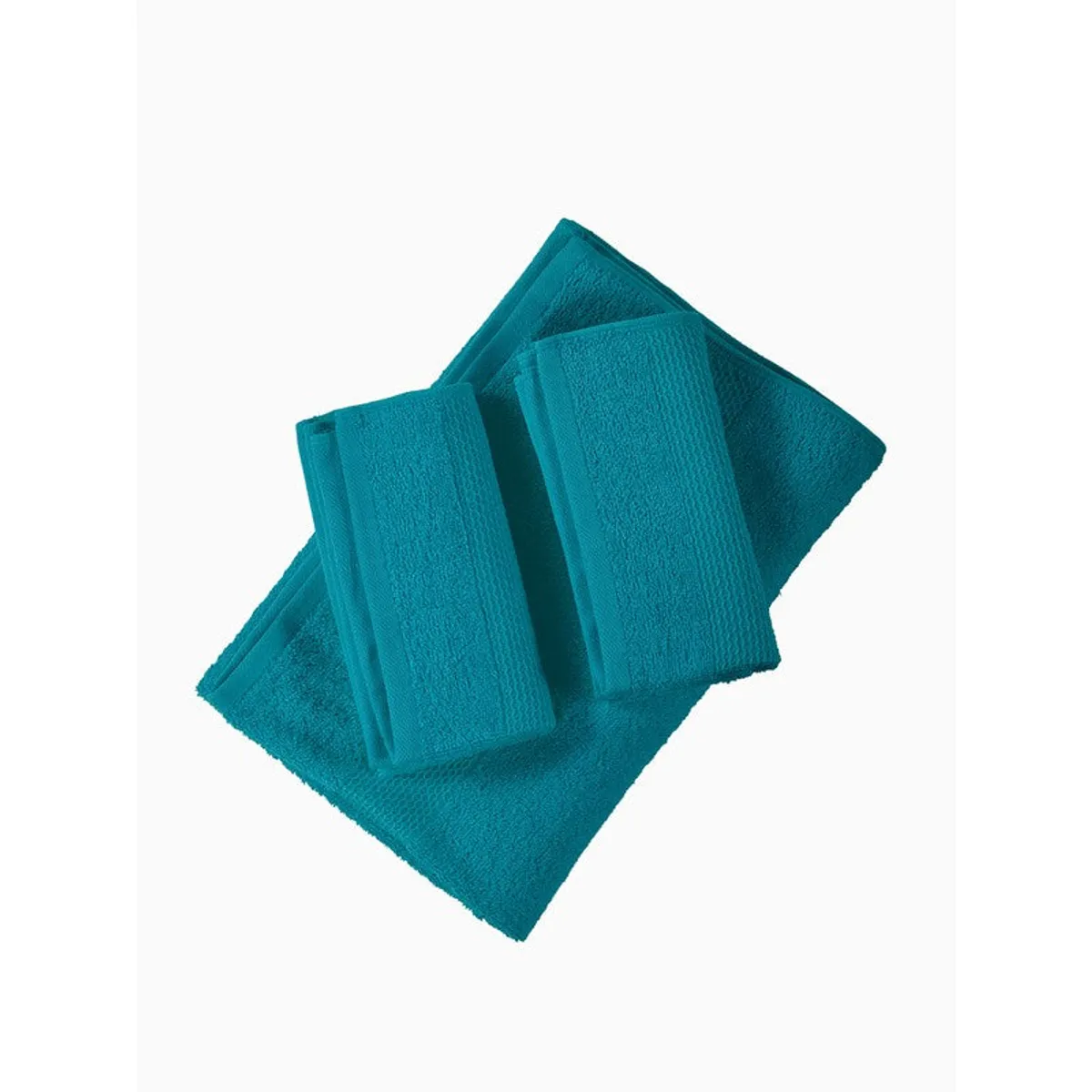 Blue bath towel with two folded hand towels on top