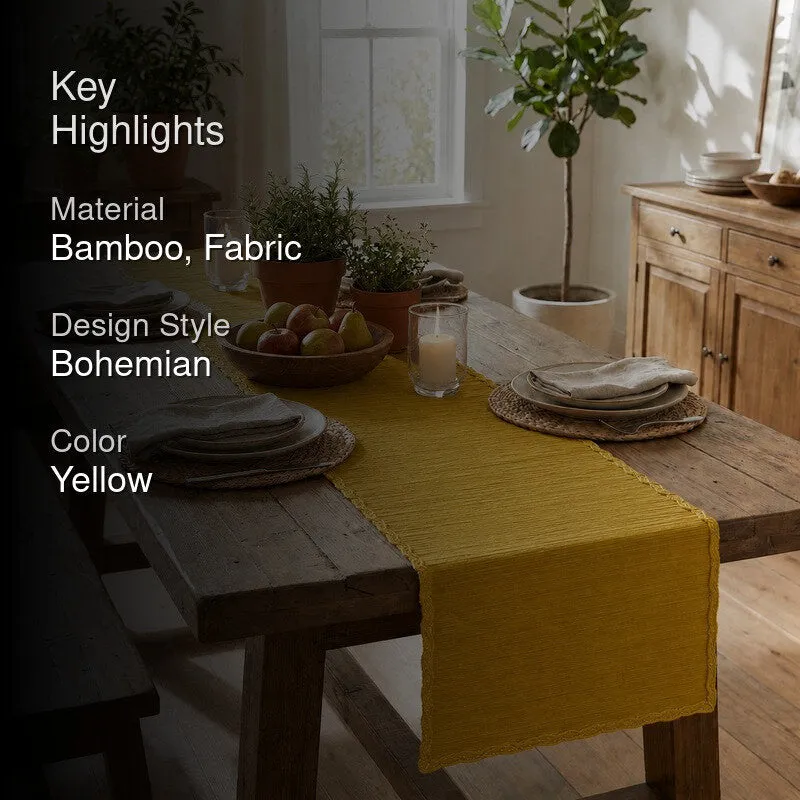 Yellow table runner styled on a rustic dining table in a highlighted product image.
