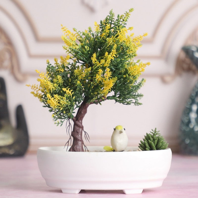 Artificial Bonsai Tree with Cactus and Bird