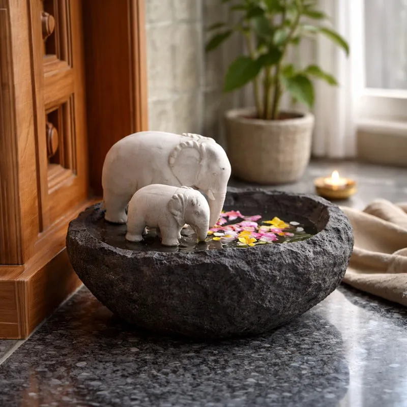 Hathi Stone Finish Round Resin Urli media 1