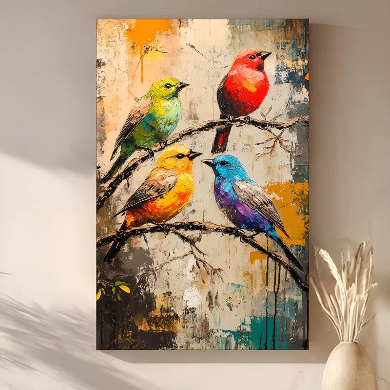Close view of colourful bird wall art on a softly lit wall