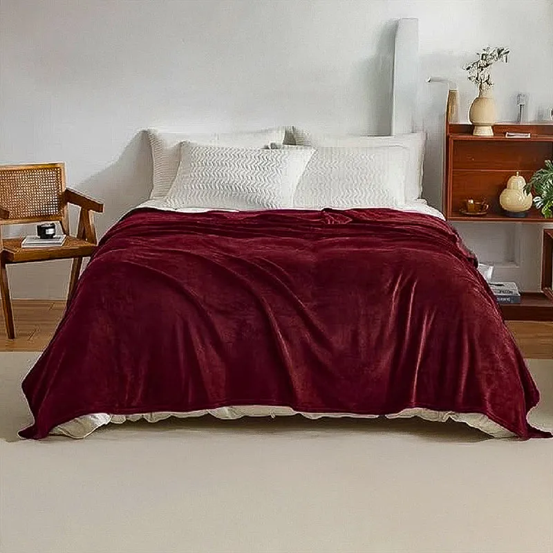 Sarva Solid Knitted Cotton Flannel Blanket (Maroon) - 190 GSM media 1