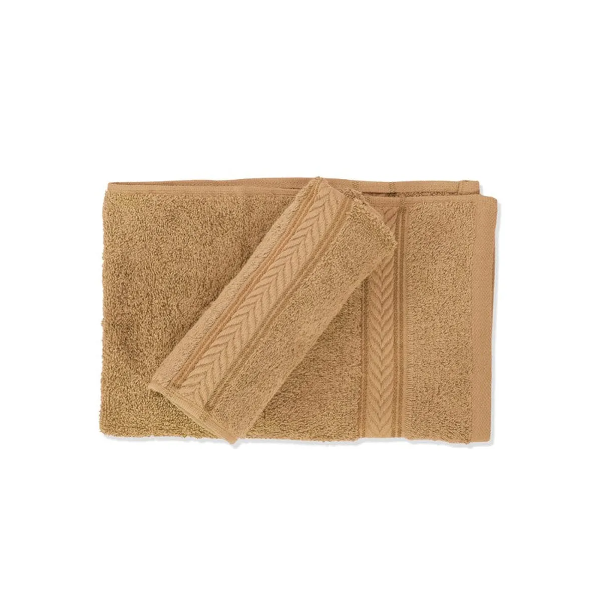 Two beige rectangular hand towels shown flat with decorative border bands