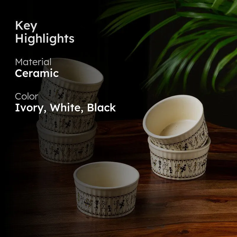 Warli Whirls Handcrafted Ceramic Bowls (180 ML) - Set Of Six media 2