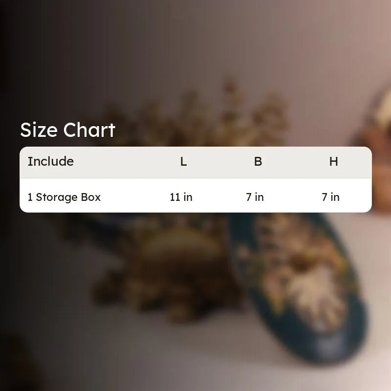 Blue and gold storage box shown in a styled interior setting