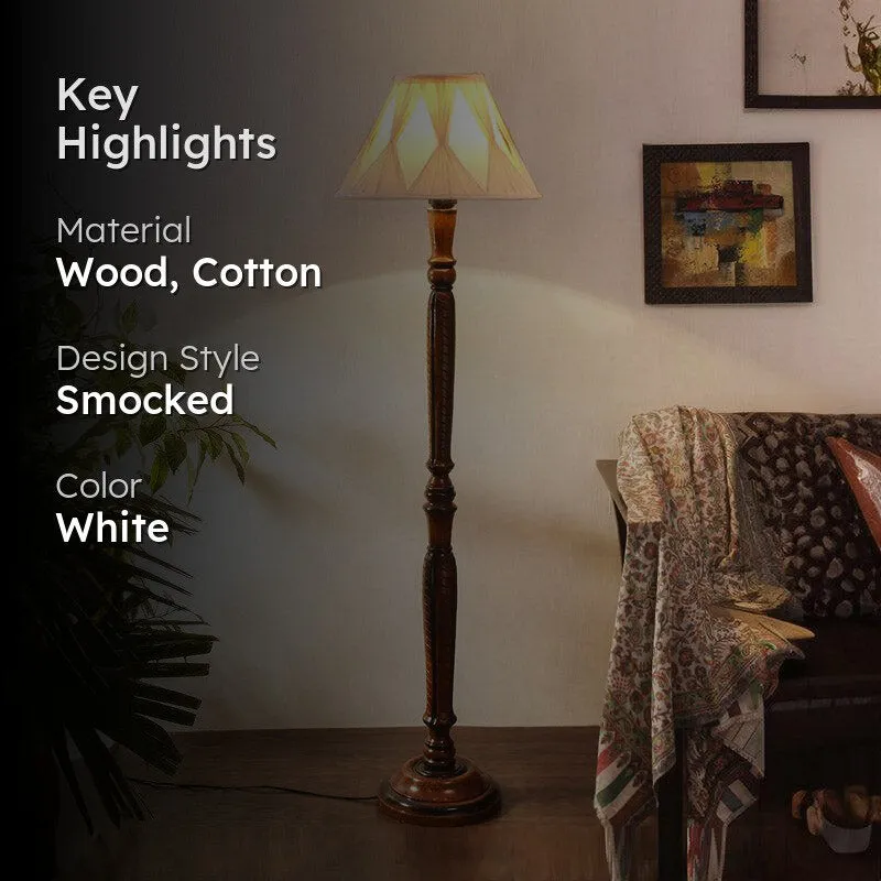 Hima Vintage Wooden Floor Lamp With Pleated Shade - Off-White media 2