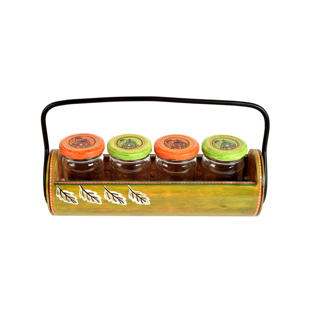 Front view of green condiment caddy with four glass jars and leaf detailing