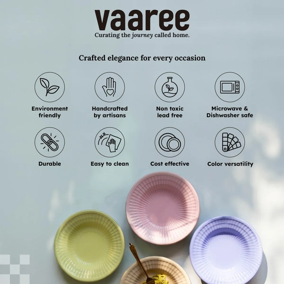 Lifestyle graphic showing colourful ceramic bowls arranged on a surface.