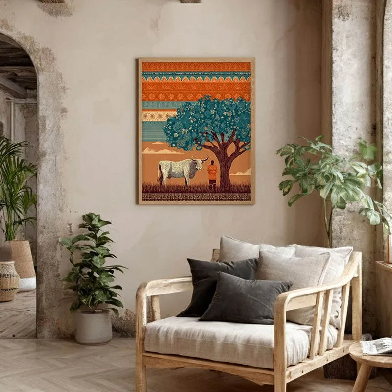 Kamadhenu Canvas Wall Painting With Brown Frame media 6