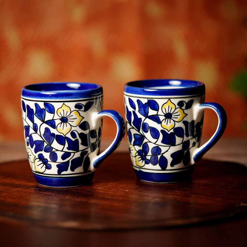 Floral Ceramic Coffee Mug (300 mL Each,Blue) - Set Of Two