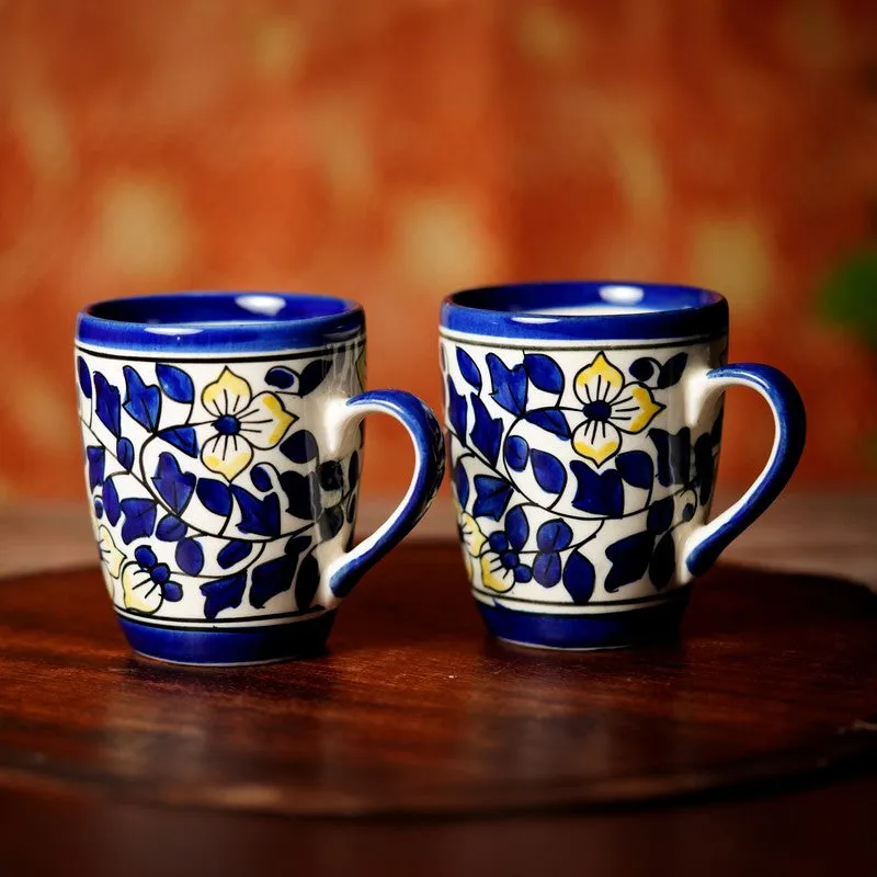 Floral Ceramic Coffee Mug (300 mL Each,Blue) - Set Of Two media 1