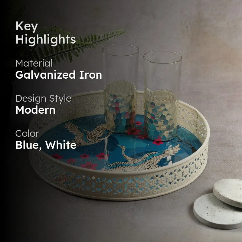 India Circus Cranebloom Blue & White Round Galvanized Iron Serving Tray media 2