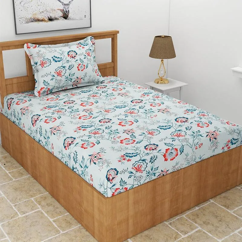 Poppy Floral Microfiber Bedsheet (White & Blue) - 130 GSM media 1