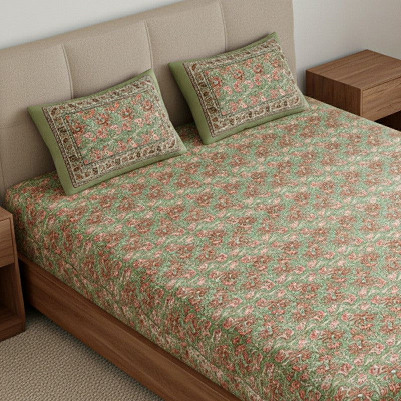 Aayushi Cotton Bedsheet (Green, Peach) - 180 TC media 3