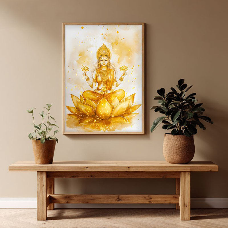 Padma Lakshmi Spiritual Archival Paper Wall Painting - Natural Brown Frame
