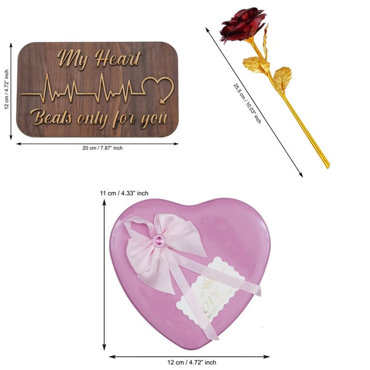 Three-piece gift set shown with plaque, rose and heart-shaped box
