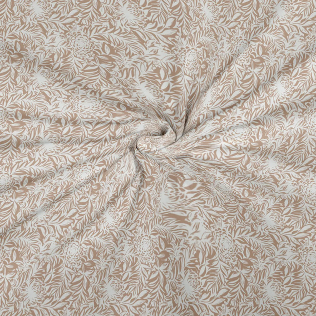 Close-up of beige pillow cover fabric with dense floral pattern