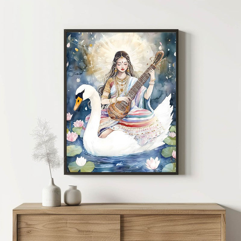 Vidya Swarupini Spiritual Archival Paper Wall Painting With Frame - Black