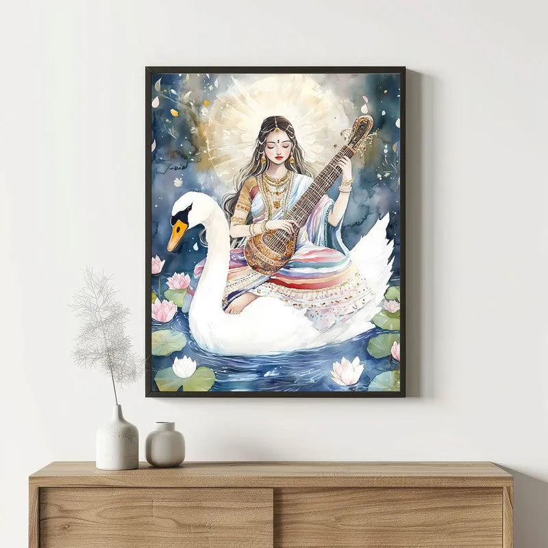Vidya Swarupini Spiritual Archival Paper Wall Painting With Frame - Black media 1