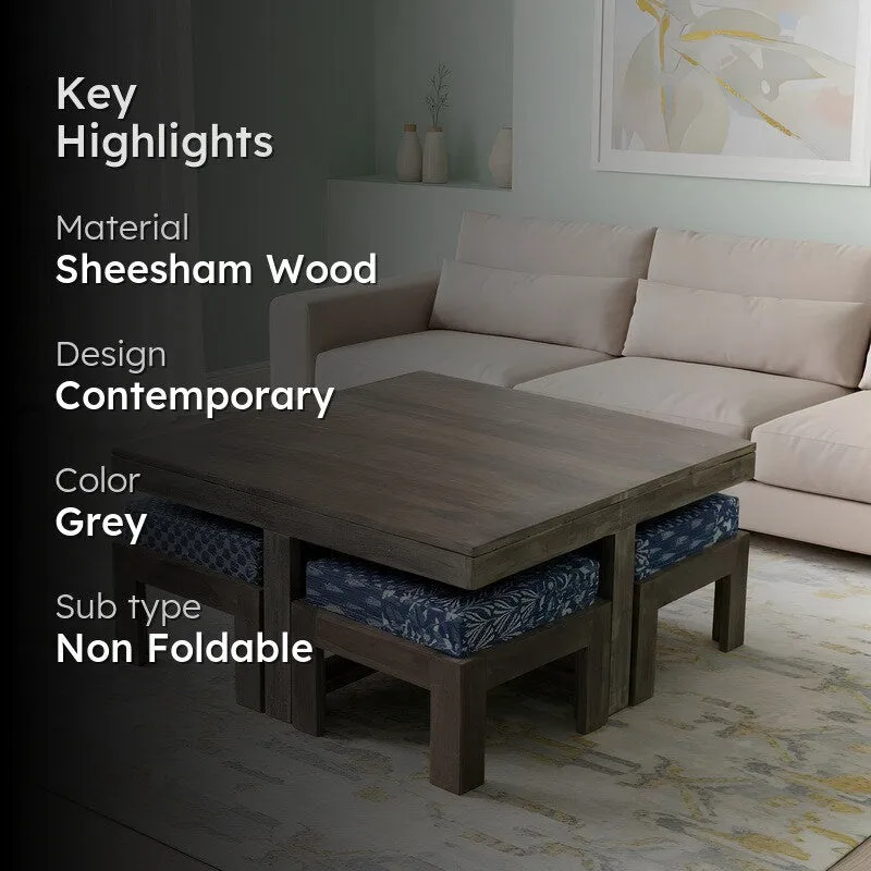 Exiron Sheesham Wooden Center Table with Stools and Cushions (Grey,Blue) - Nine Piece Set media 2