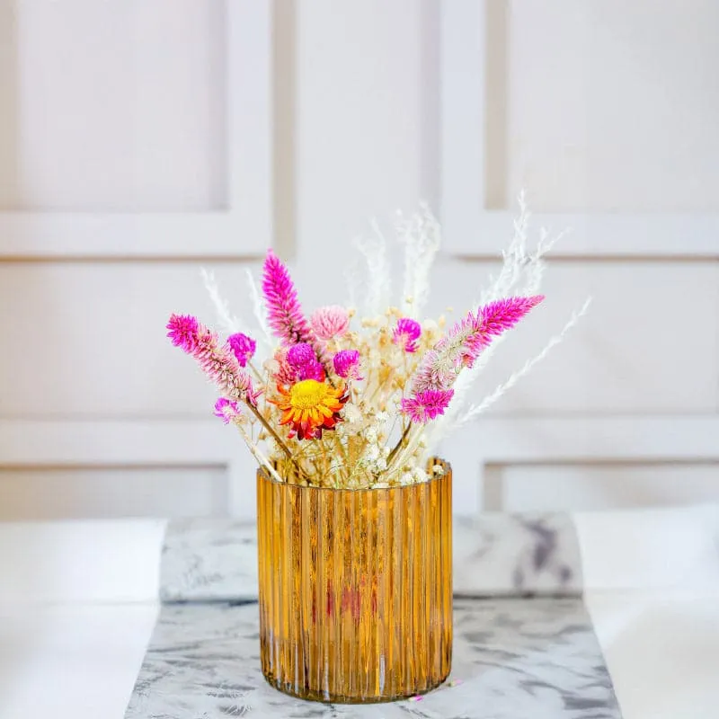 Amber Ribbed Ceramic Cylinder Vase with Dried Flowers media 1