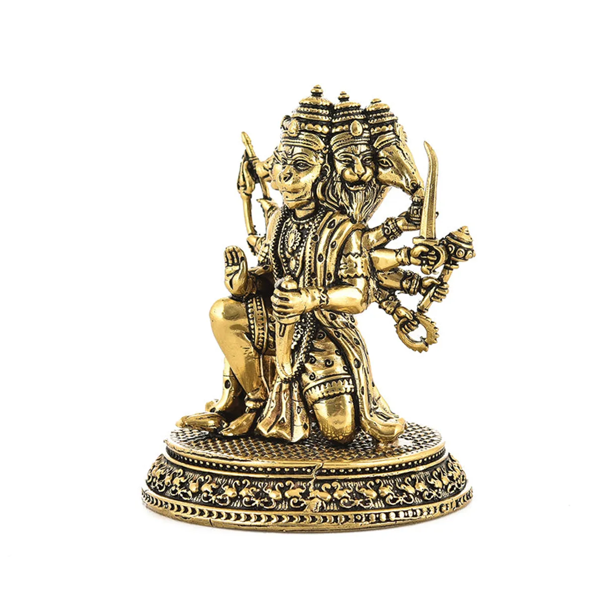 Side view showing the detailed five-faced Panchmukhi Hanuman brass idol
