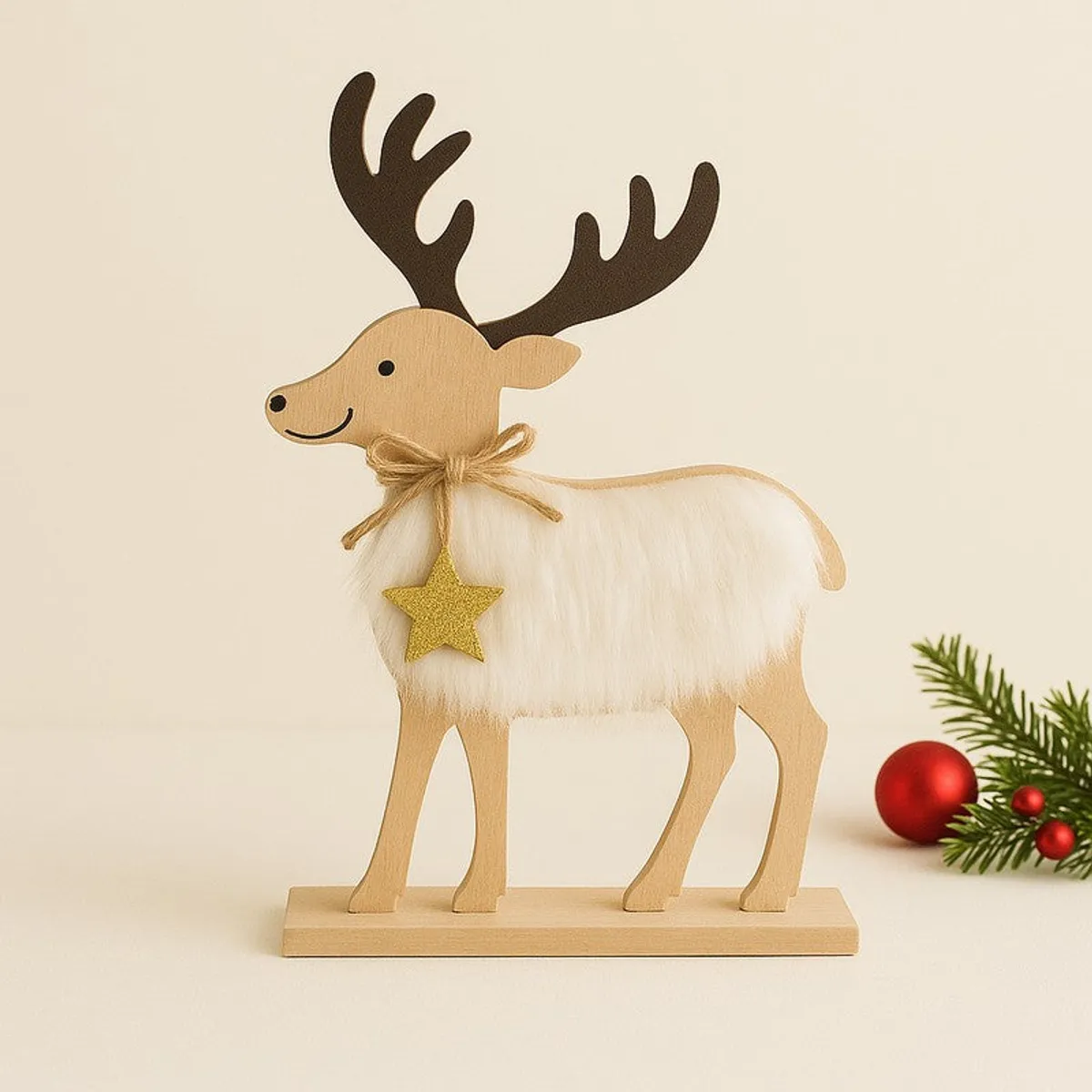 Front view of a wooden reindeer showpiece with white faux fur and gold star detail