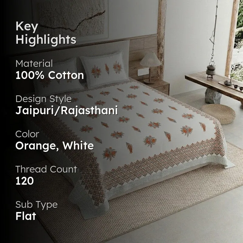 Ethnic Bloom Cotton Bedsheet (Orange,White) - 120 TC media 2
