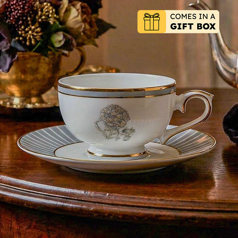 Gilded Iris 24k Gold Brushed Porcelain Tea Cup & Saucer (Grey/ 280 mL) - Set of Six