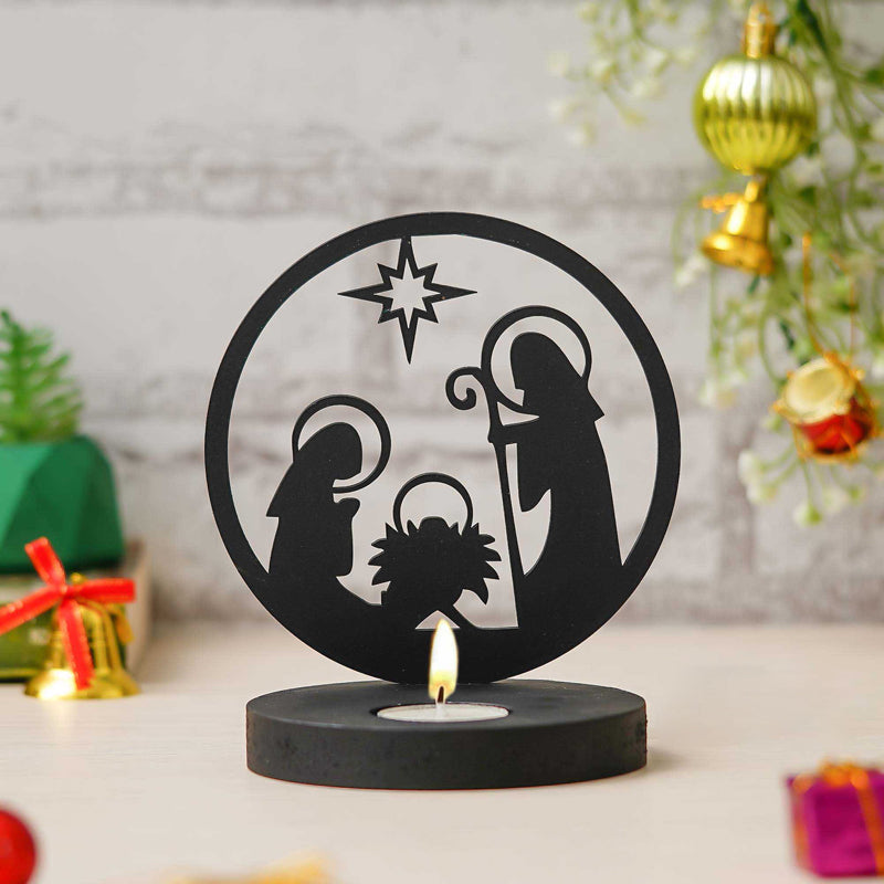 Star Of Bethlehem Wood Tea Light Holder - Black