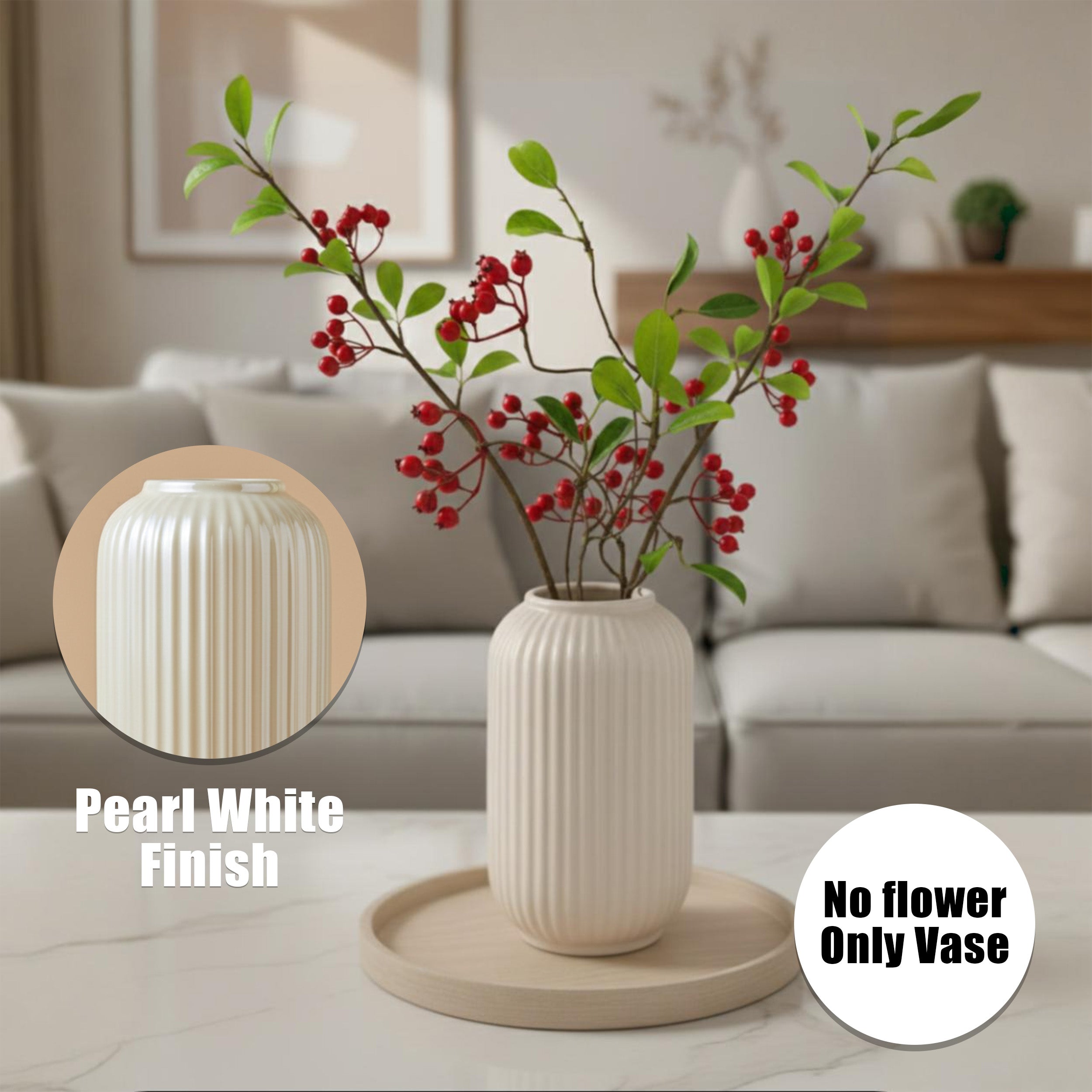 Opulent Ribbed Ceramic Vase - Beige media 8