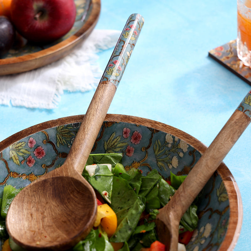 Fleur Jharokha Enamel Coated Mango Wood Salad Bowl With Cutlery (900 mL) - Three Piece Set media 3