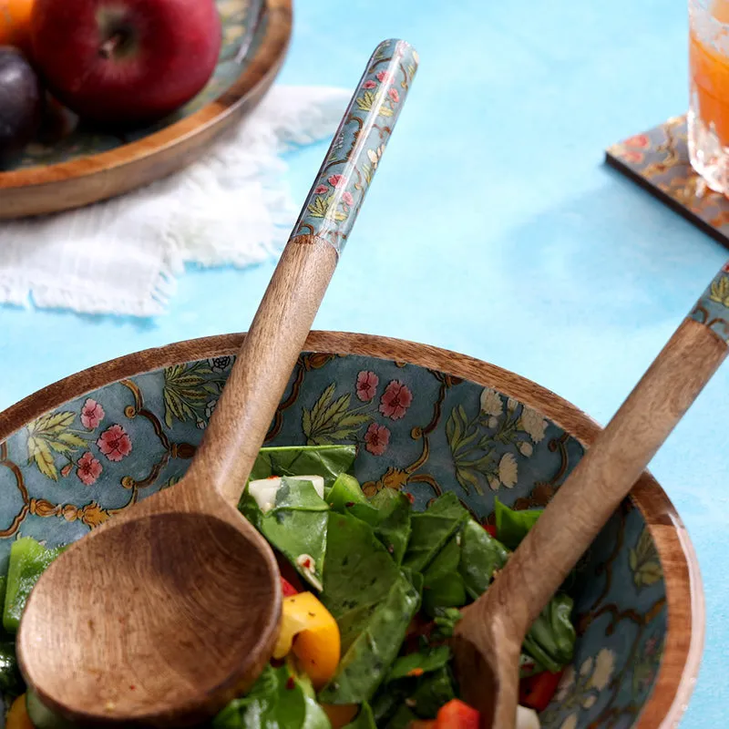 Fleur Jharokha Enamel Coated Mango Wood Salad Bowl With Cutlery (900 mL) - Three Piece Set media 3