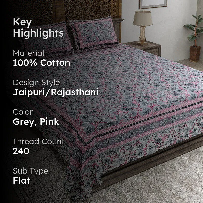 Bloomio Cotton Bedsheet (Grey,Pink) - 240 TC media 2