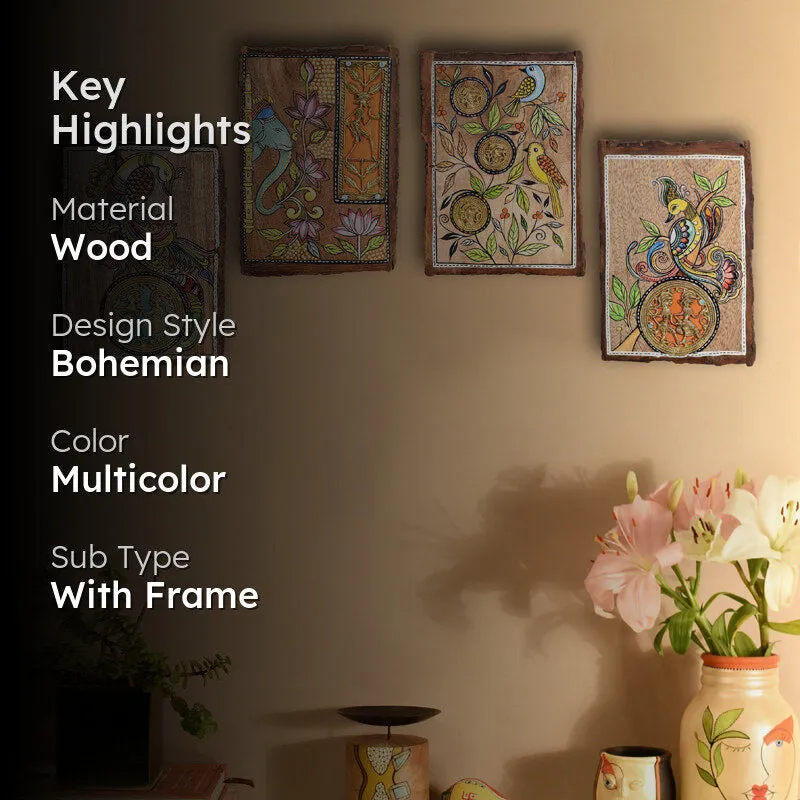 Four colourful framed bird wall paintings styled above a cabinet in a living room