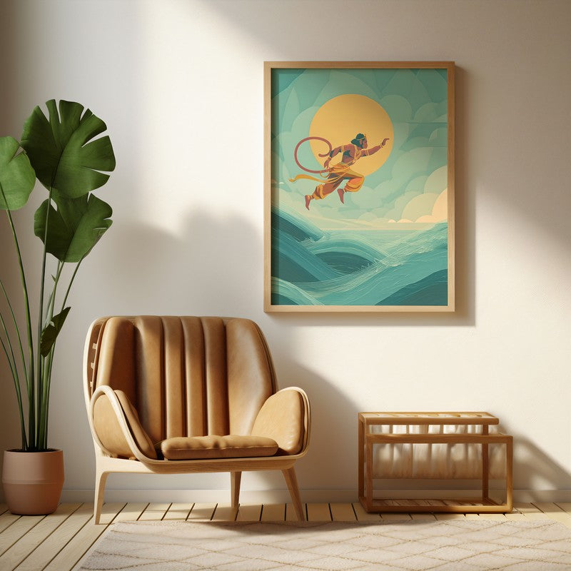 Bajrangbali Flying Over Sea Archival Paper Wall Art - Natural Brown Frame