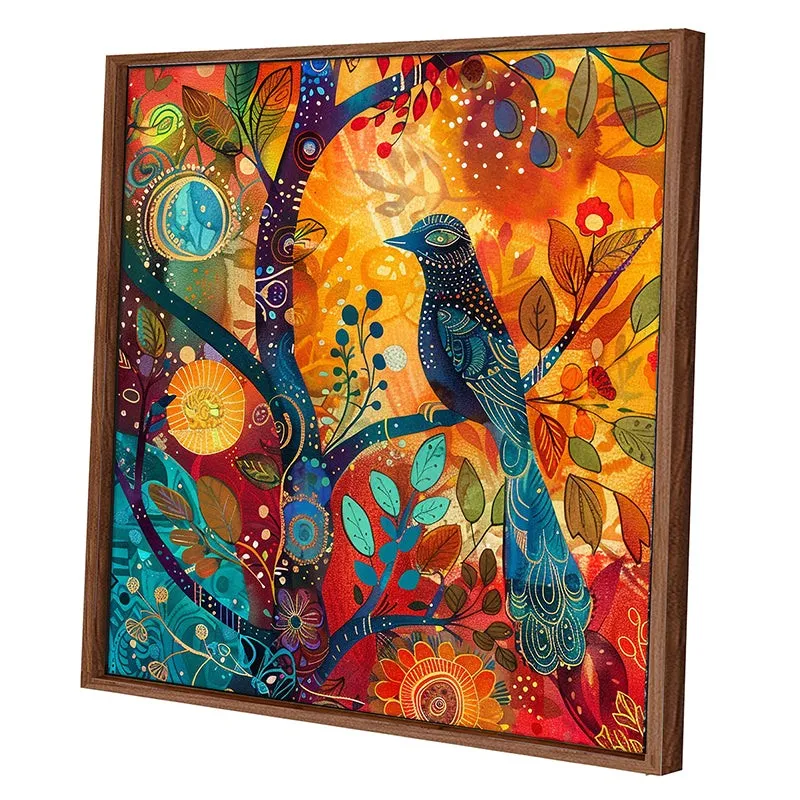 Angled view of framed bird wall art in bright orange, blue and gold tones