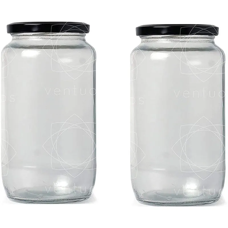 Two transparent glass storage jars with glossy black lids