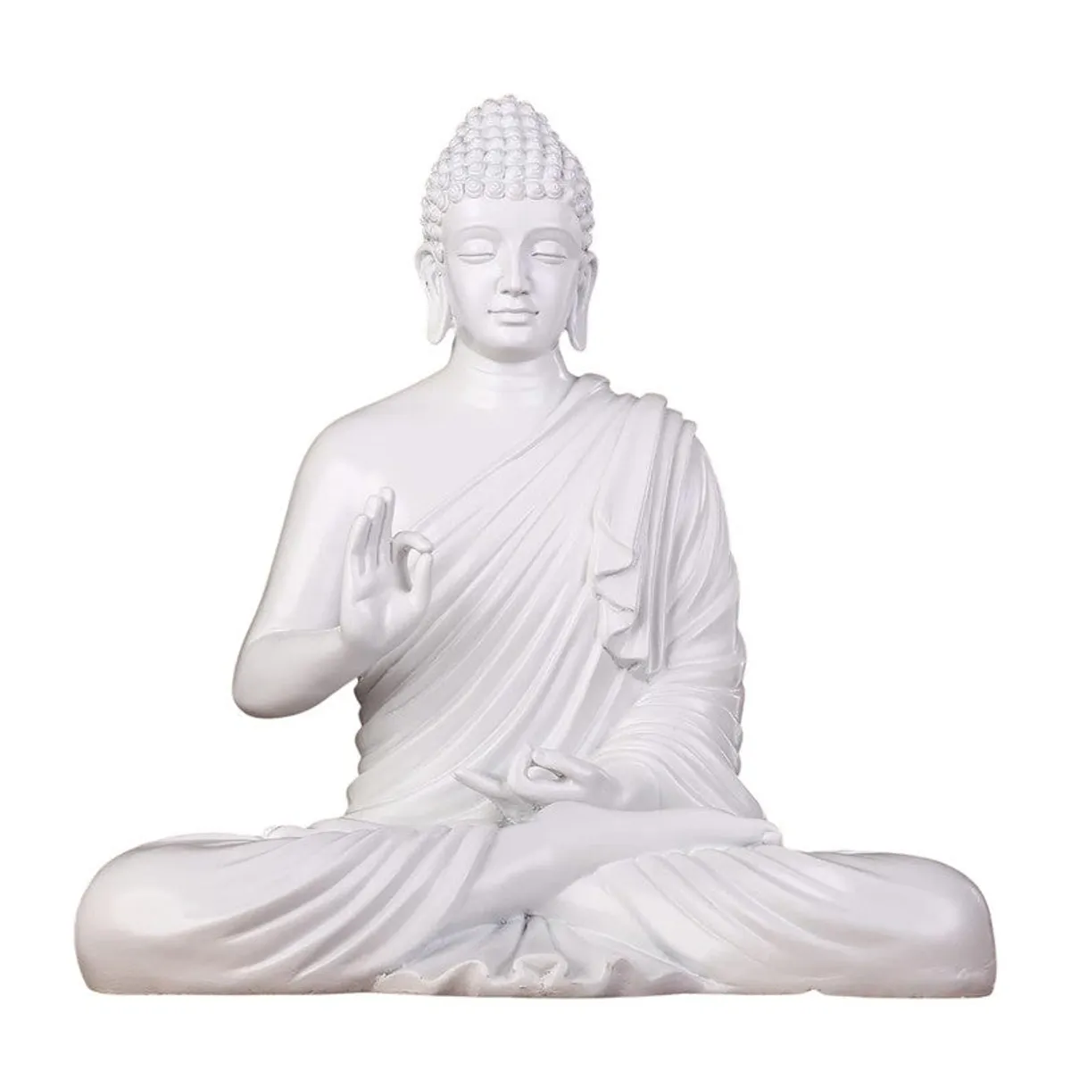 White meditating Buddha idol shown against a plain white background